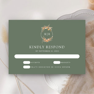 Fall Autumn Wildflower Crest Sage Green Wedding RSVP Card