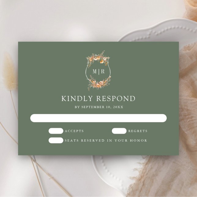 Fall Autumn Wildflower Crest Sage Green Wedding RSVP Card (Creator Uploaded)