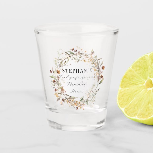 Fall Autumn Wreath Maid of Honour Floral Wedding Shot Glass (Front)