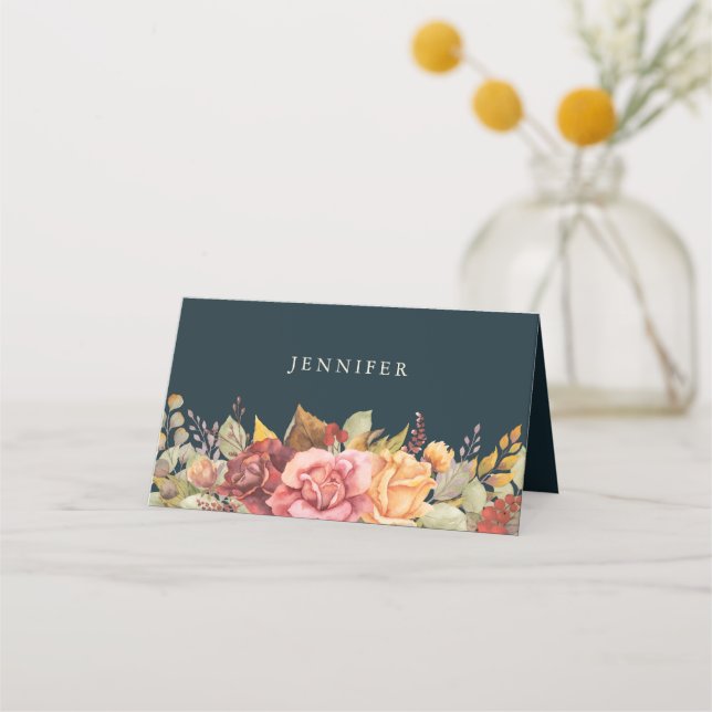 Fall/Autumnal Floral Border Thanksgiving Folded Place Card (Front)