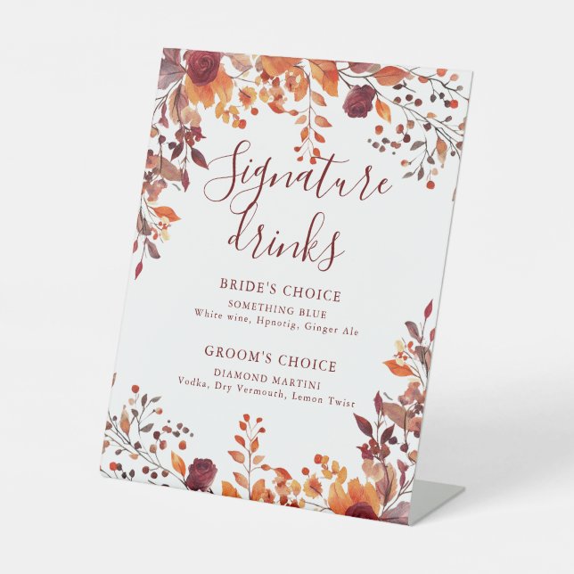 Fall Autumnal Leaves Burgundy Signature Drinks Pedestal Sign (Front)