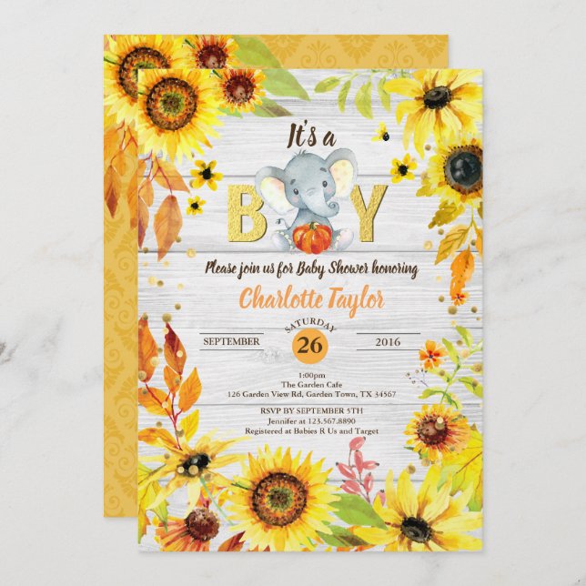 Fall baby boy shower invitation sunflower elephant (Front/Back)