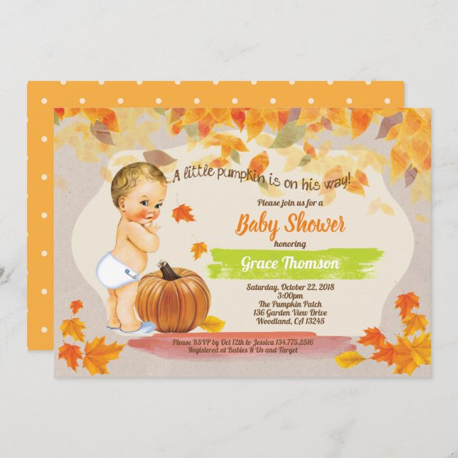 Fall baby boy shower vintage retro pumpkin invitation (Front/Back)