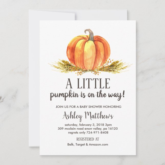 Fall baby shower, a little pumpkin baby shower invitation (Front)