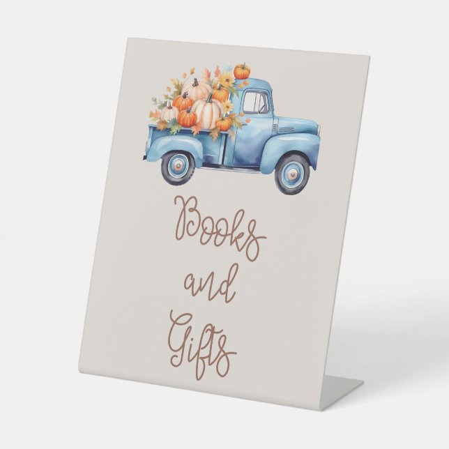 Fall Baby Shower Blue Pumpkin Truck Books And Gift Pedestal Sign (Front)