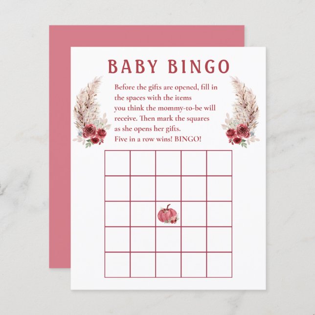 Fall Baby Shower Boho Pumpkin Baby Bingo Game (Front/Back)