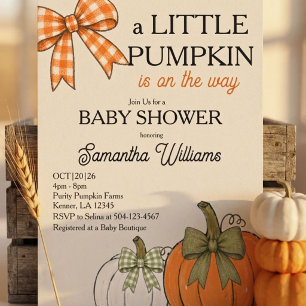 Fall Baby Shower Cream Orange Sage Pumpkin Gingham Invitation