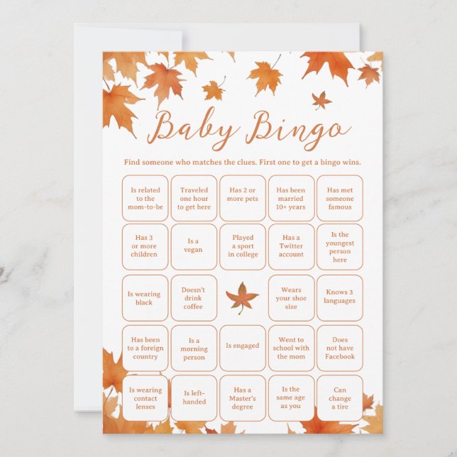 Fall Baby Shower Find the Guest Bingo Game Card (Front)