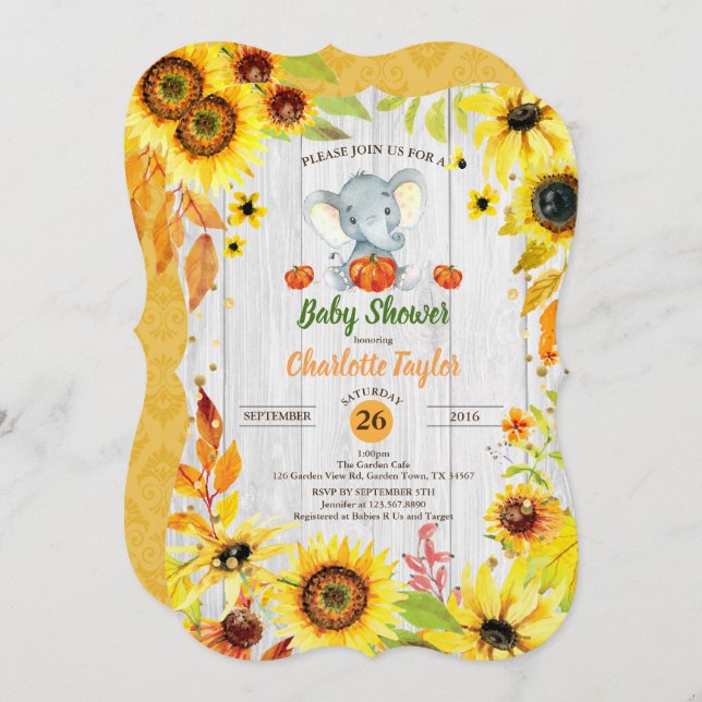 Fall baby shower invitation sunflower elephant (Front/Back)