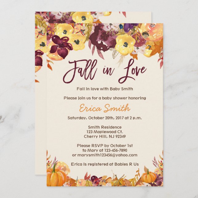 Fall Baby Shower Invitations - Fall in Love (Front/Back)
