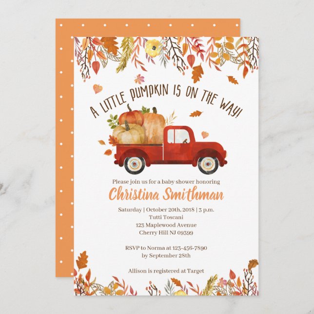 Fall Baby Shower Invitations Little Pumpkin (Front/Back)