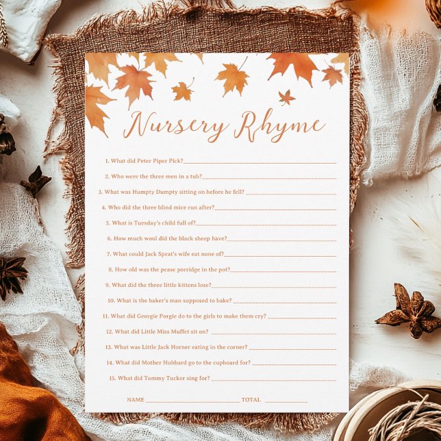 Fall Baby Shower Nursery Rhyme Game Card (Creator Uploaded)