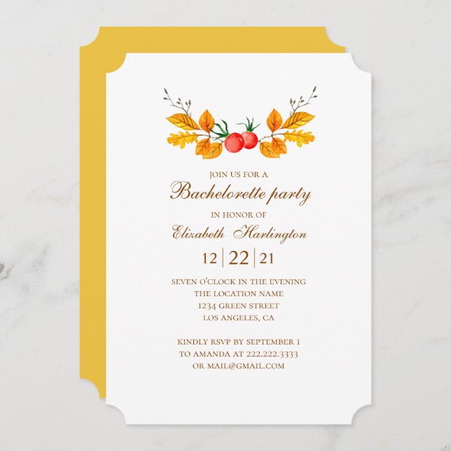 Fall bachelorette party. Watercolor autumn wedding Invitation (Front/Back)
