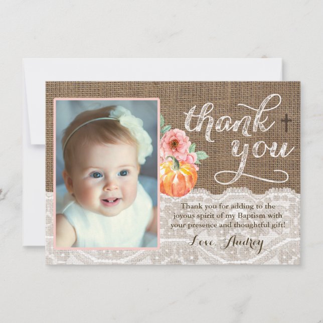 Fall Baptism Birthday Thank You Card with Pumpkin (Front)