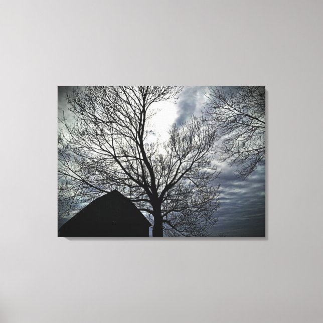 Fall Barn Moonlit Sky Modern Black & White Canvas Print (Front)