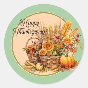 Fall Basket, Flowers, Pumpkins, Maize Thanksgiving Classic Round Sticker