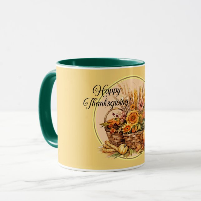 Fall Basket, Flowers, Pumpkins, Maize Thanksgiving Mug (Front Left)