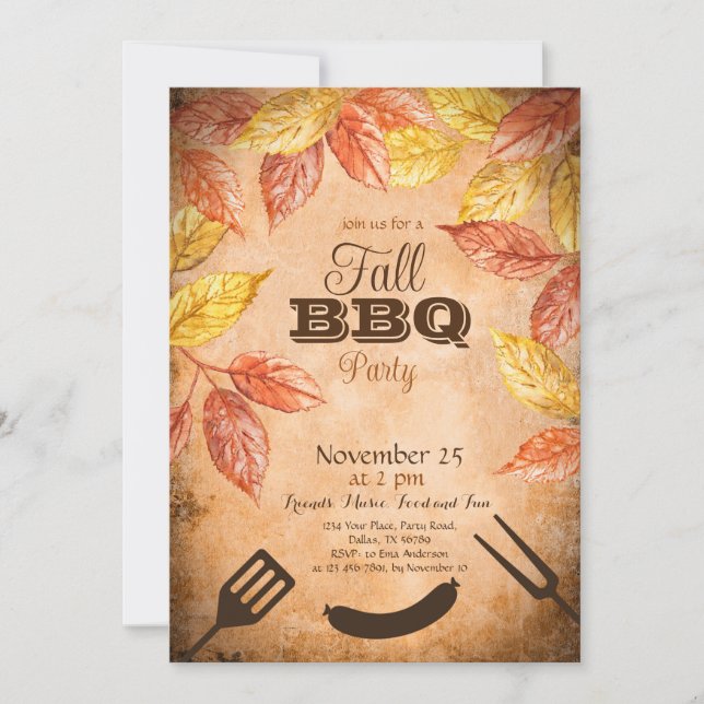 Fall BBQ Invitation, Autumn Barbeque Party Invitation (Front)