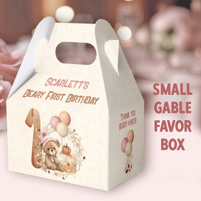 Fall Bear Girl 1st Birthday Gable Favour Box (Fall Bear Girl Small Gable Favor Boxes - You can choose from 3 sizes of these gable favor boxes)