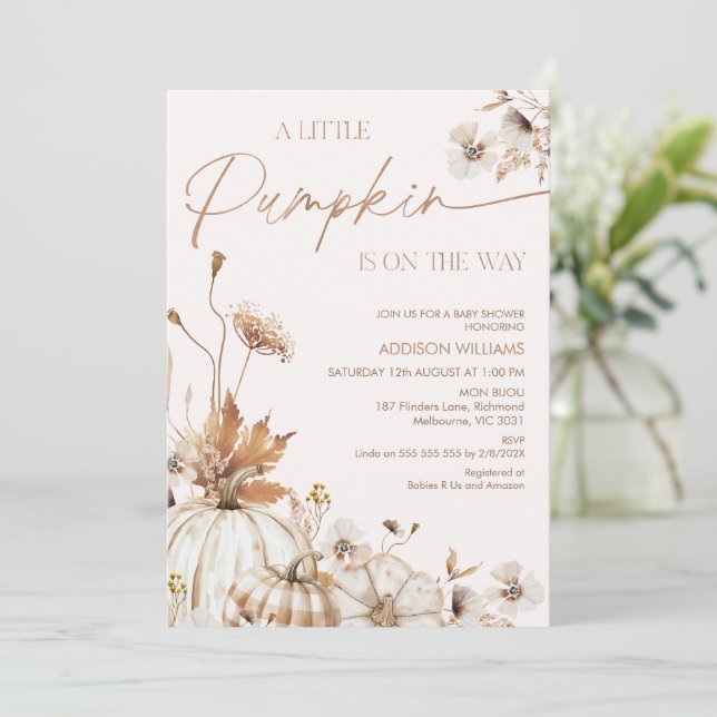 Fall Beige Brown Floral Little Pumpkin Baby Shower Invitation (Standing Front)