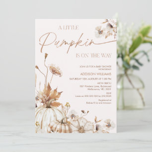 Fall Beige Brown Floral Little Pumpkin Baby Shower Invitation