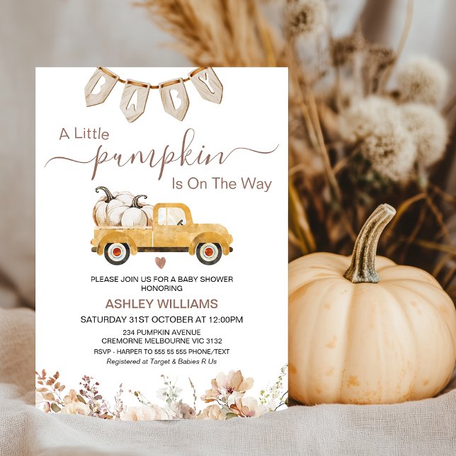 Fall Beige Brown Little Pumpkin Truck Baby Shower Invitation (Gender Neutral Fall Pumpkin Baby Shower Invitation Template, Little Pumpkin Baby Shower Invitation)