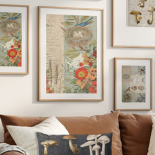 Fall Bird Nest Orange Floral Foliage Decoupage Art Tissue Paper