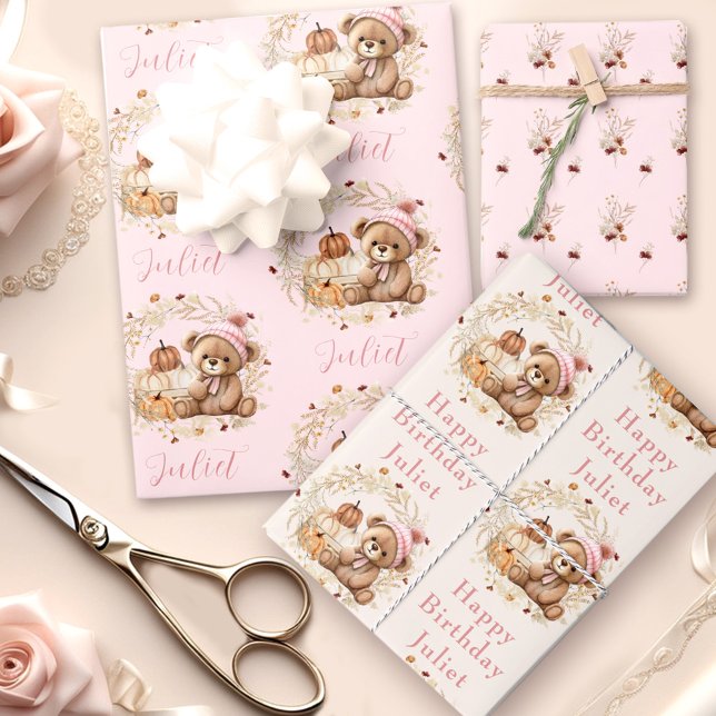 Fall Birthday Girl Cute Bear Wildflowers Pumpkins Wrapping Paper Sheet (Fall Birthday Girl Cute Bear Wildflowers Pumpkins Wrapping Paper Sheets)