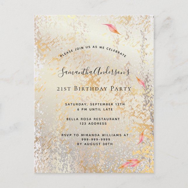 Fall birthday rose gold silver rustic invitation postcard (Front)