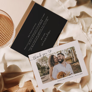 Fall Black Boho Simple Photo Heart Script Wedding Thank You Card