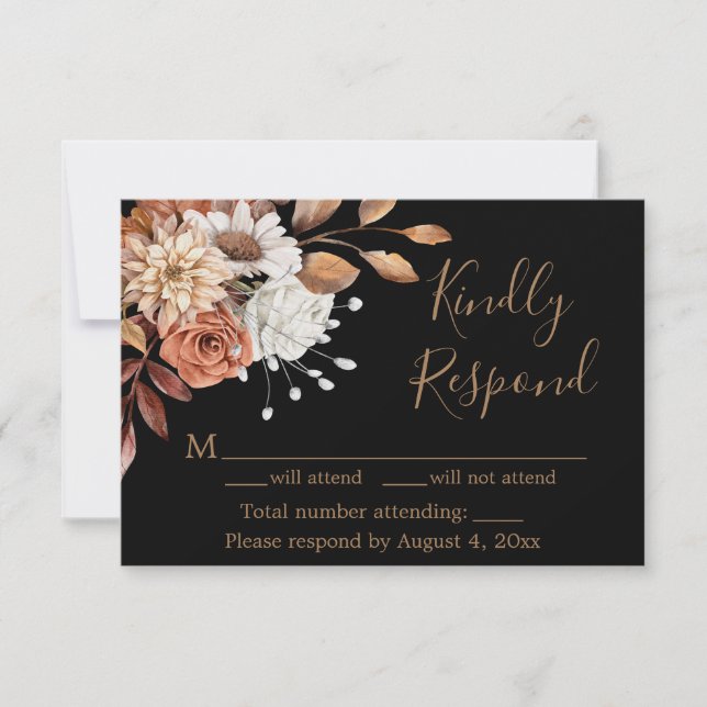Fall Black Floral Bouquet Birthday Response Card (Front)