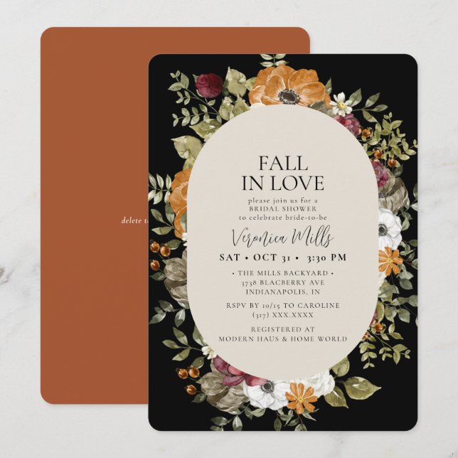 Fall  Black Ivory Terracotta  Bridal Shower  Invitation (Front/Back)
