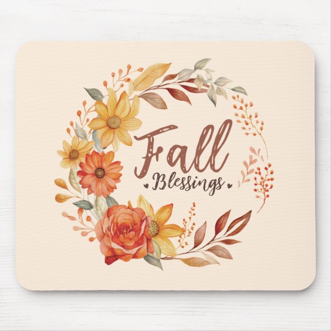 Fall Blessings – Autumn Leaves & Floral Wreath Mouse Pad (Front)