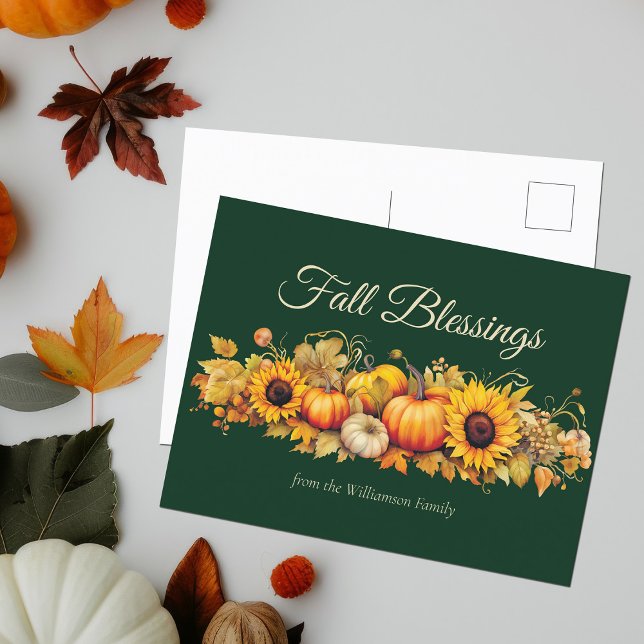 Fall Blessings Pumpkins Custom Green Thanksgiving Holiday Postcard (Creator Uploaded)