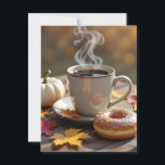 Fall Blessings, Warm Coffee and a Donut Postcard<br><div class="desc">Keep in touch with a friend and send them Autumn Blessings with this beautiful postcard that celebrates the season. The card has a beautiful Autumn scene with a cup of warm coffee and glazed donut sitting next to a white pumpkin and Fall leaves.</div>
