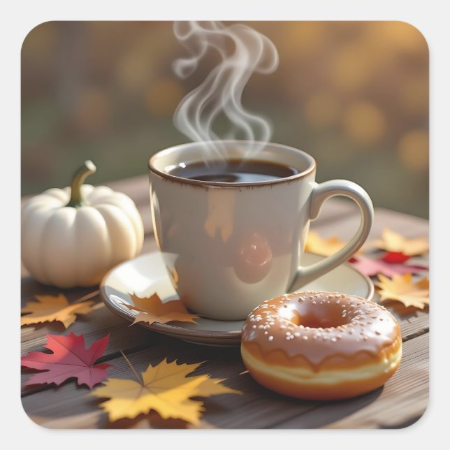 Fall Blessings, Warm Coffee and a Doughnut Square Sticker (Front)