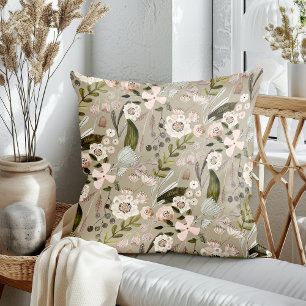 Fall Blooms Vanilla Taupe Throw Pillow