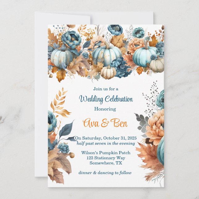 Fall Blue and Orange Pumpkin Peony Wedding Invitation (Front)
