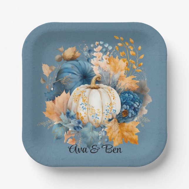 Fall Blue and Orange Pumpkin Peony Wedding Paper Plate (Front)