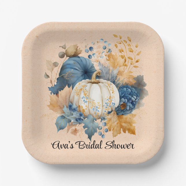 Fall Blue and Orange Pumpkin Peony Wedding Paper Plate (Front)