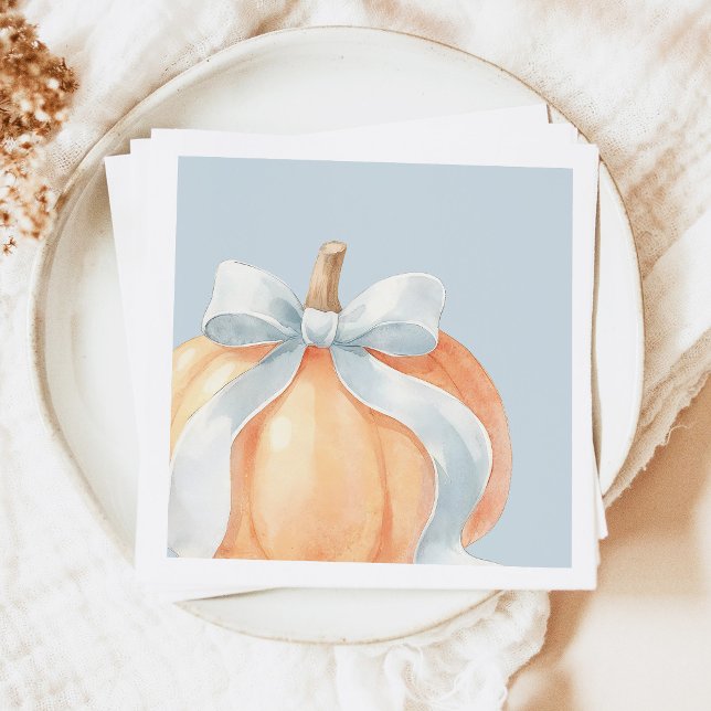 Fall Blue Bow Pumpkin Baby Shower Napkin (Creator Uploaded)