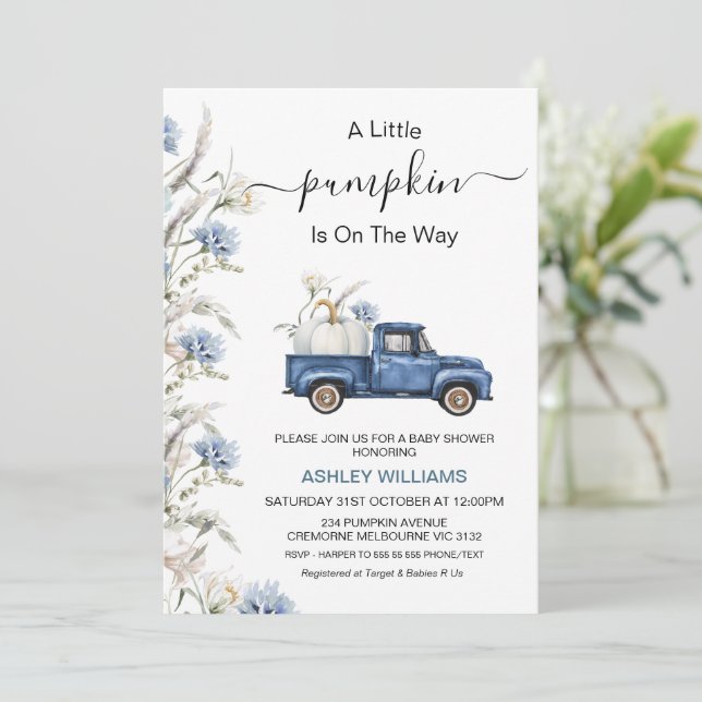 Fall Blue Floral Little Pumpkin Truck Baby Shower Invitation (Standing Front)
