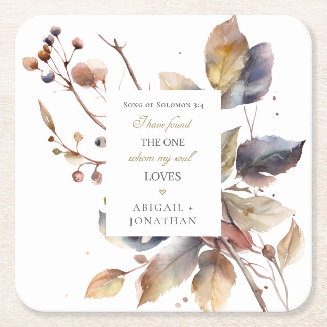 Fall Blue Gold Red Leaves Christian Bible Wedding Square Paper Coaster (Front)