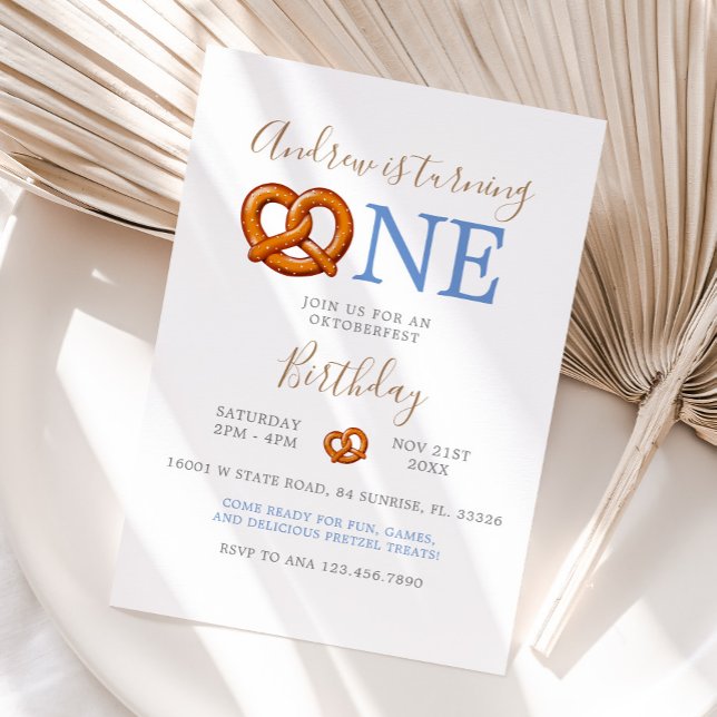 Fall Blue Octoberfest Pretzel Turning One Birthday Invitation (Creator Uploaded)