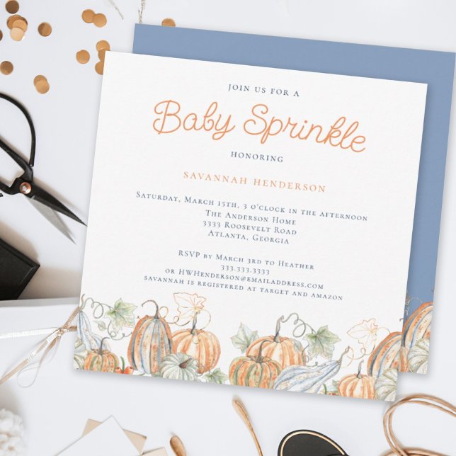 Fall Blue Orange Watercolor Pumpkins Baby Sprinkle Invitation (Creator Uploaded)