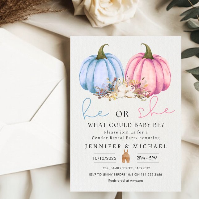 Fall Blue Pink Pumpkin Gender Reveal Party Invitation (Fall Blue Pink Pumpkin Gender Reveal Party Invitation)