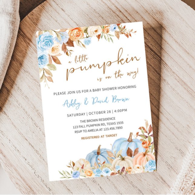 Fall Blue Pumpkin Baby Shower  Invitation (Blue Fall Floral Baby Shower Invitation)