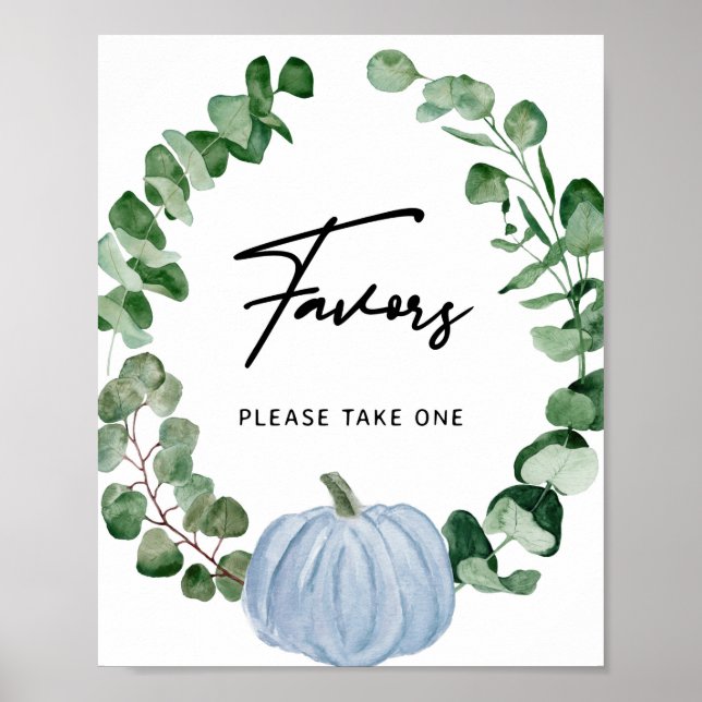 Fall Blue Pumpkin Favours Boy Baby Shower Sign (Front)
