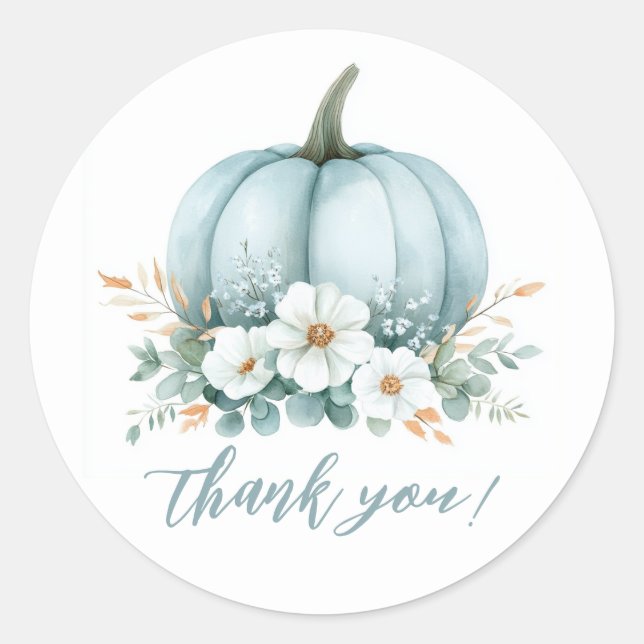 Fall Blue Pumpkin Floral Eucalyptus Baby Shower Classic Round Sticker (Front)
