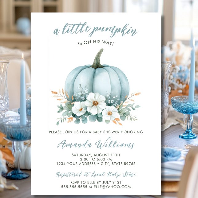 Fall Blue Pumpkin Floral Eucalyptus Baby Shower Invitation (Creator Uploaded)